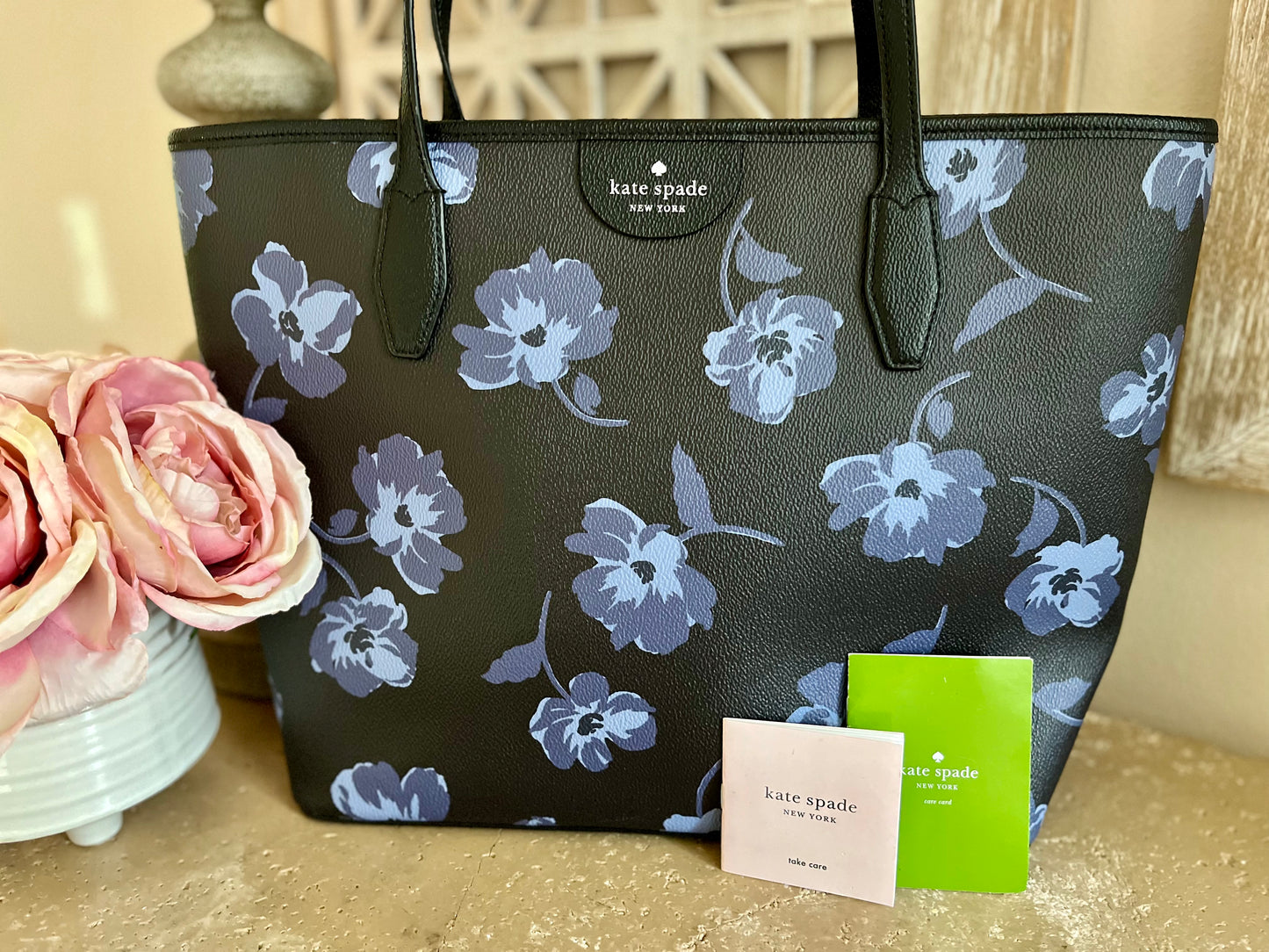 Kate Spade Black Floral Large Zip Tote