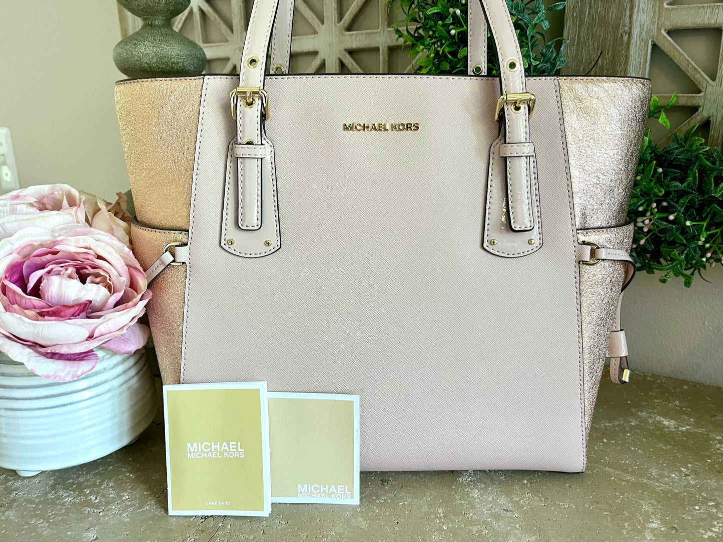 NEW Michael Kors Blush Pink Metallic East/West Large Drawstring Tote