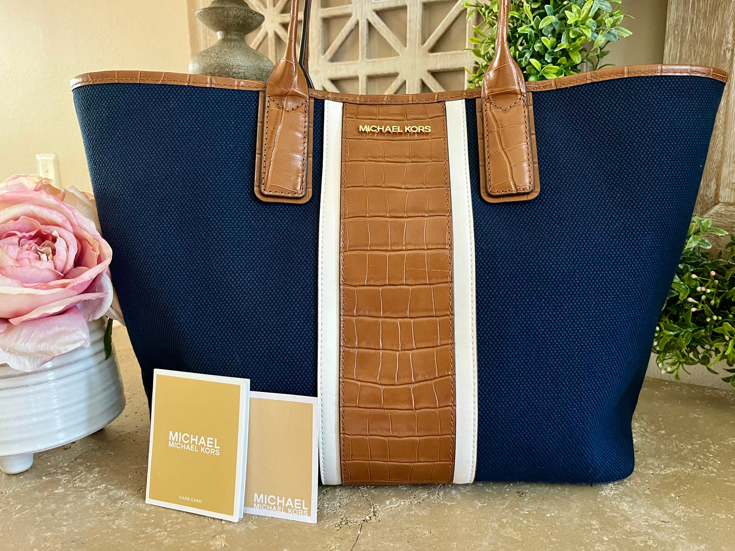 NEW Michael Kors Navy Blue Stripe Large Tote