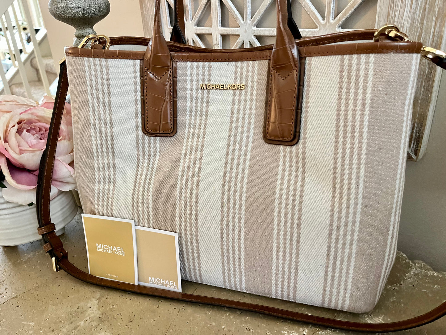 NEW Michael Kors Large Canvas Striped Crossbody Tote