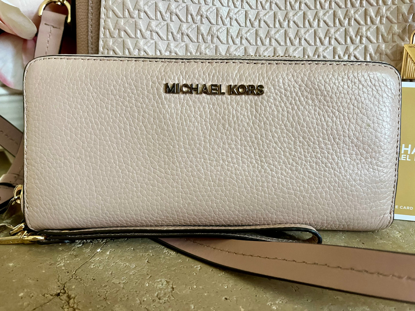 Michael Kors Mercer Pink Embossed Logo Medium Satchel with Matching Zip Wallet Set