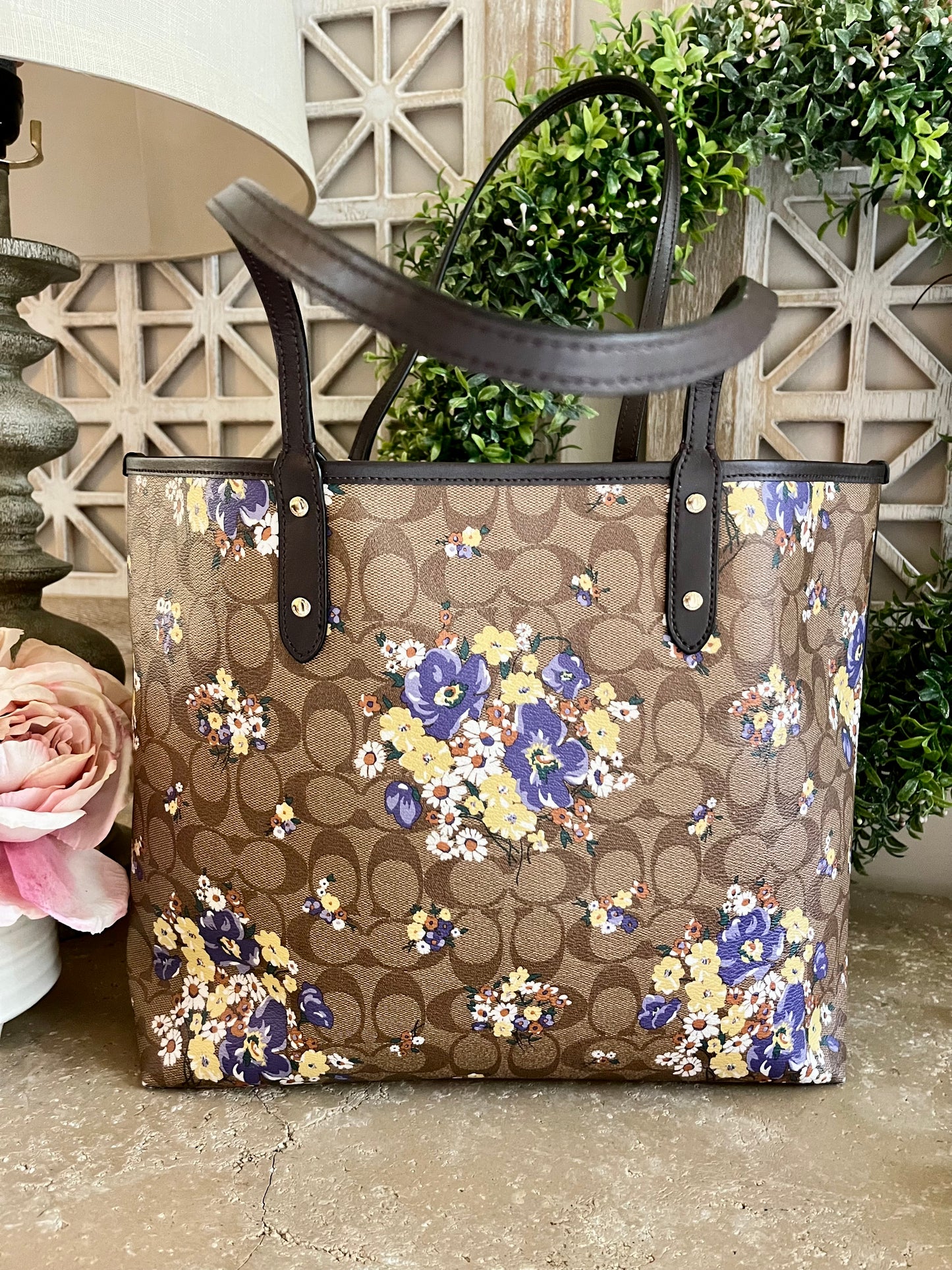 Coach Signature Floral Large Tote with 2 Matching Wristlets