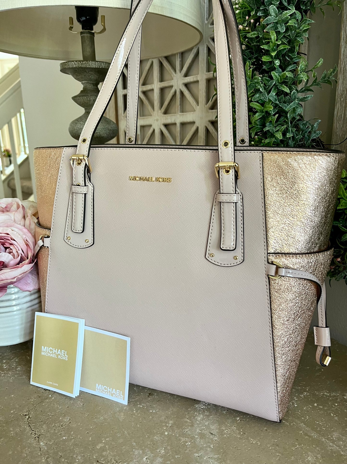 NEW Michael Kors Blush Pink Metallic East/West Large Drawstring Tote