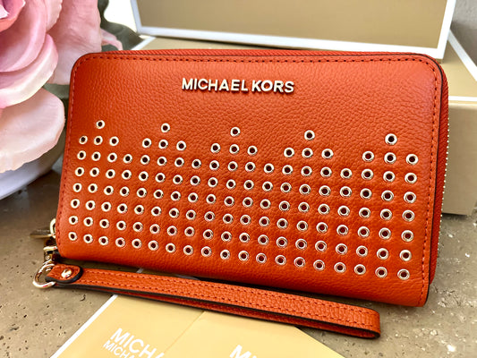 Michael Kors Large Orange Studded Zip Wallet