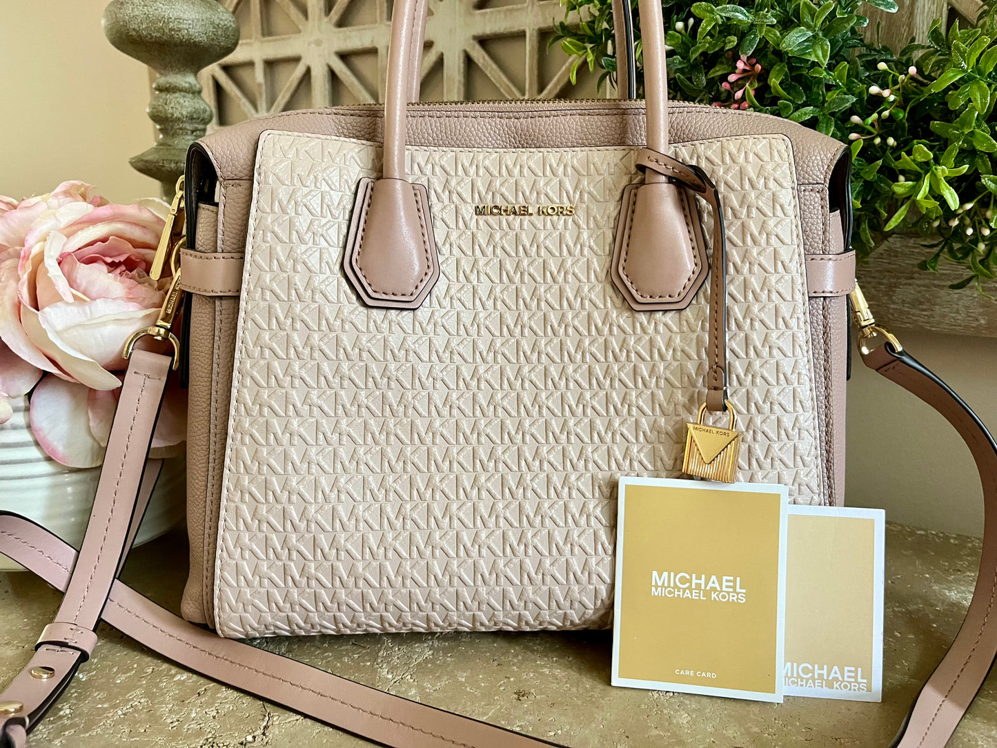 Michael Kors Mercer Pink Embossed Logo Medium Satchel with Matching Zip Wallet Set