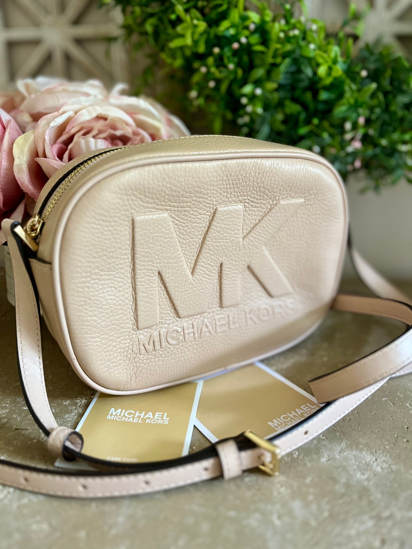 Michael Kors Oval Embossed Logo Leather Crossbody Bag Buff Nude Tan