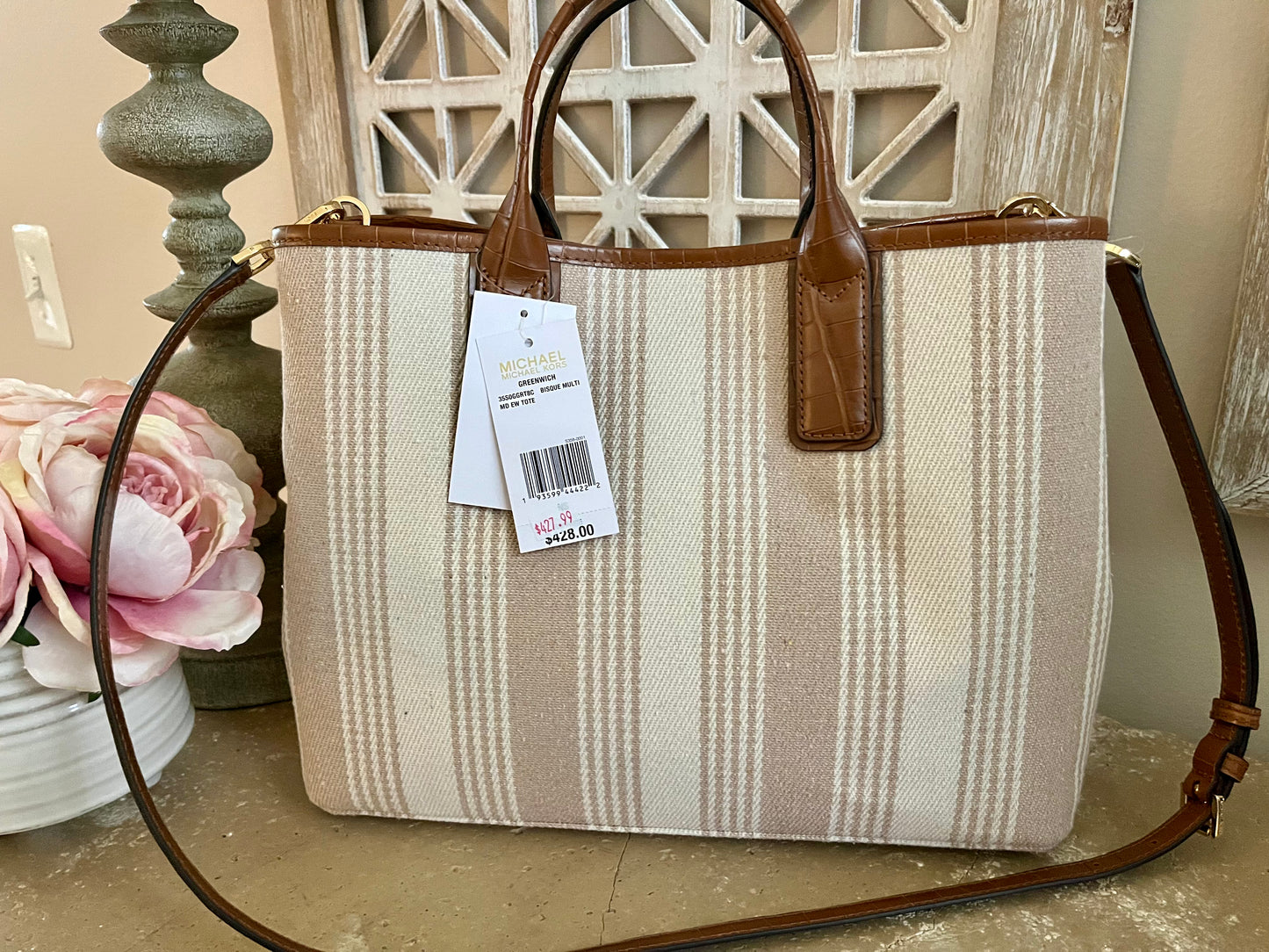 NEW Michael Kors Large Canvas Striped Crossbody Tote