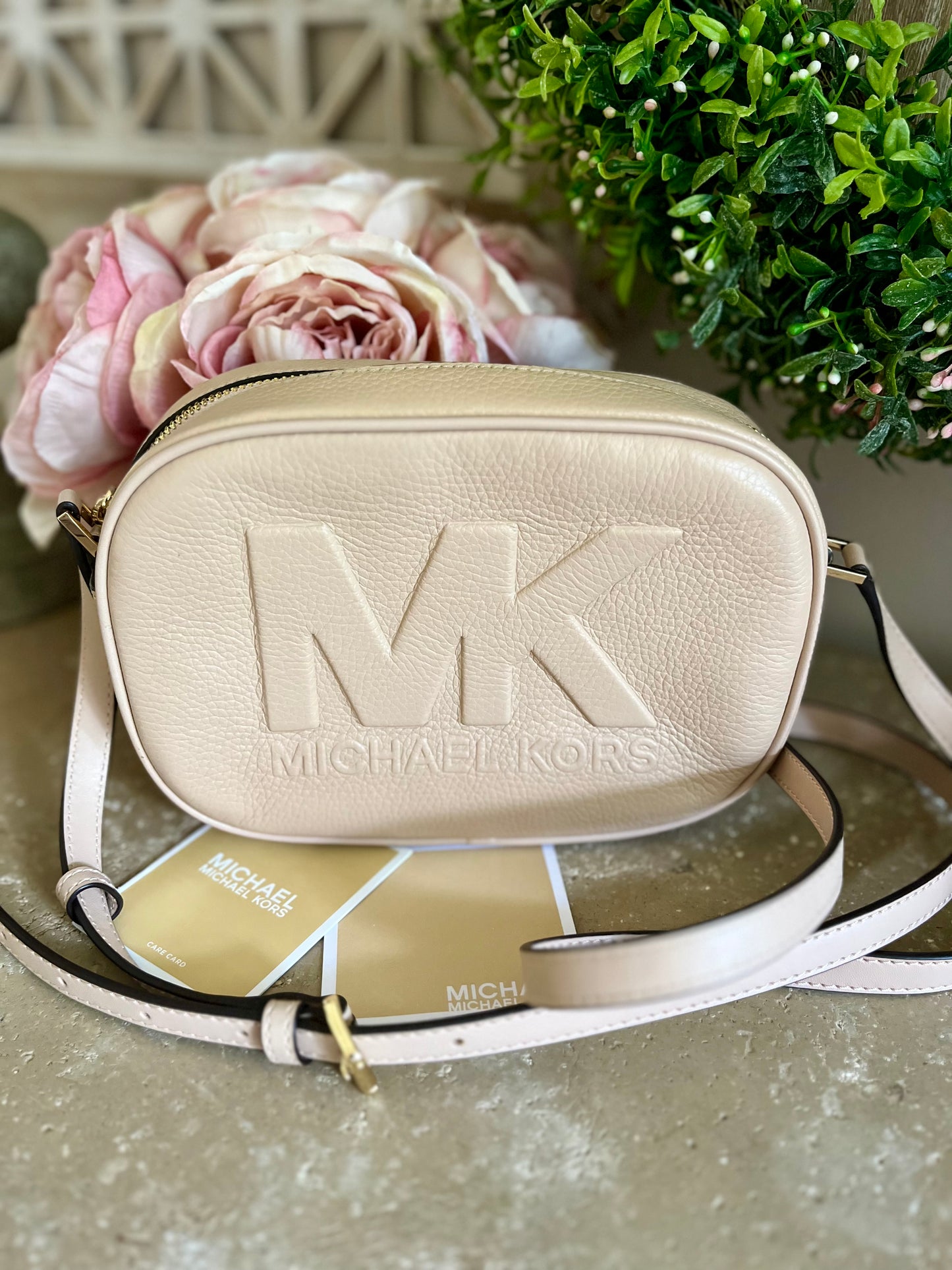 Michael Kors Oval Embossed Logo Leather Crossbody Bag Buff Nude Tan