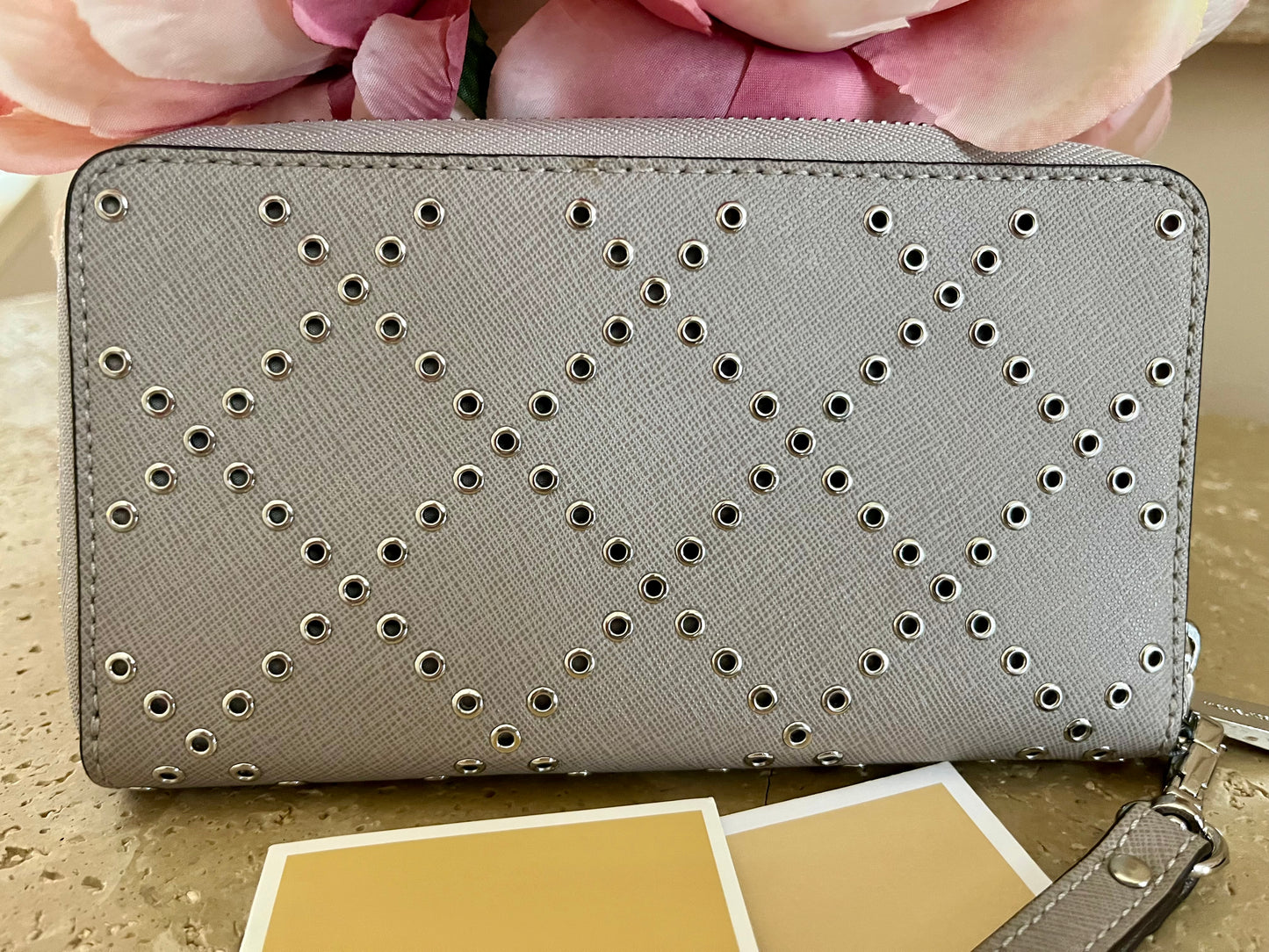 Michael Kors Gray Studded Large Zip Around Wallet