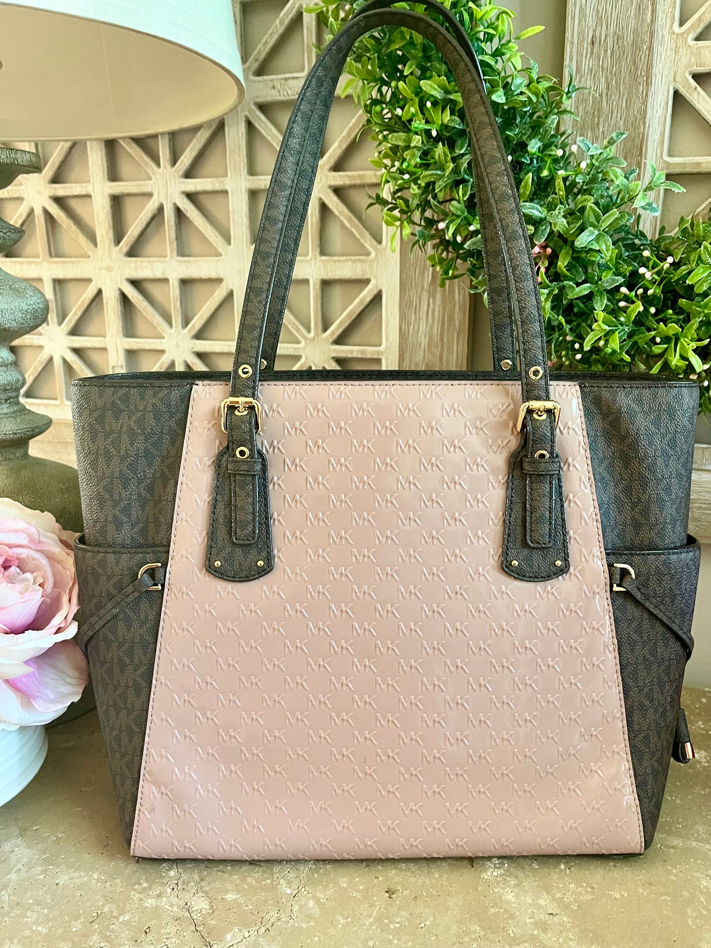 Michael Kors Blush Pink Embossed Voyager East West Large Tote