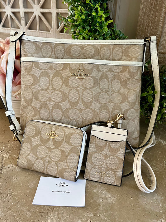 Coach Cream Signature Crossbody with Matching Wallet, Card Holder Set