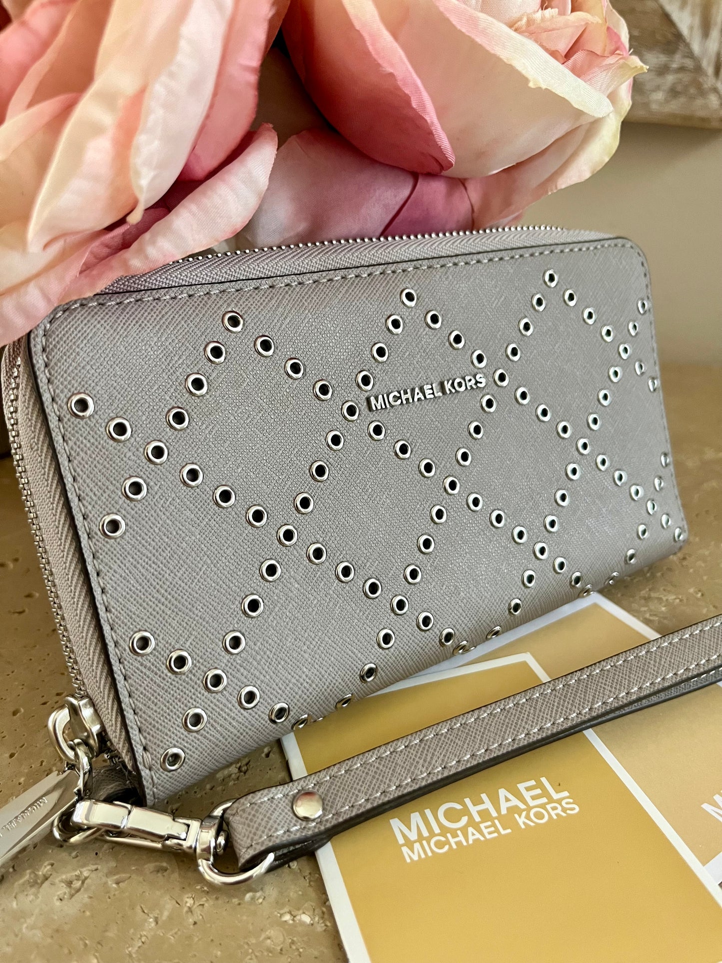 Michael Kors Gray Studded Large Zip Around Wallet