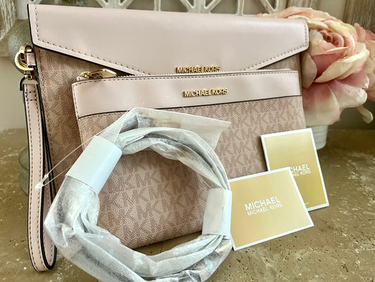 NEW Michael Kors Ballet Pink Logo Crossbody & Wristlet Wallet Set