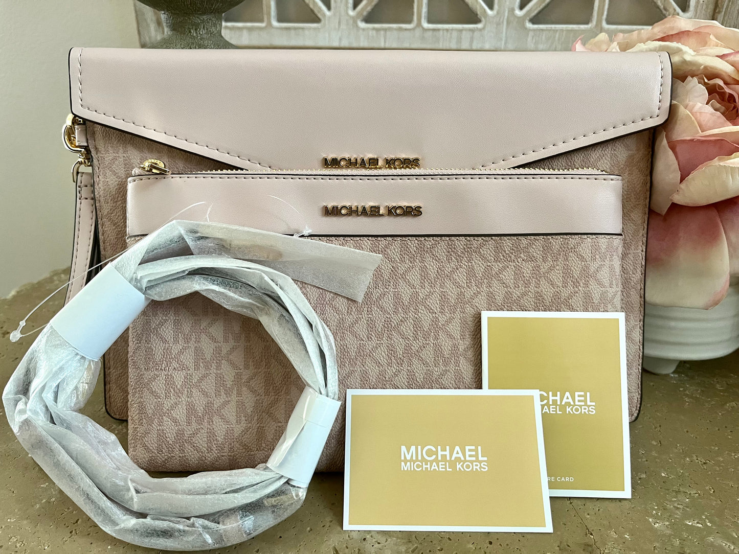 NEW Michael Kors Ballet Pink Logo Crossbody & Wristlet Wallet Set