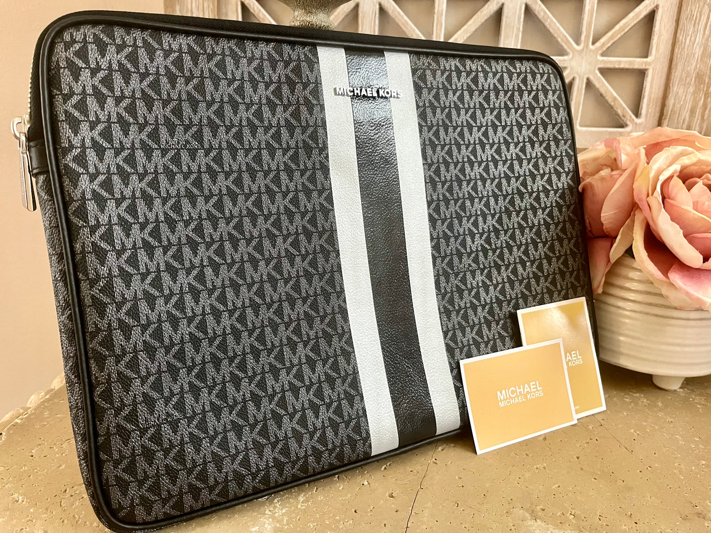 NEW Michael Kors Black Logo Stripe Laptop Case