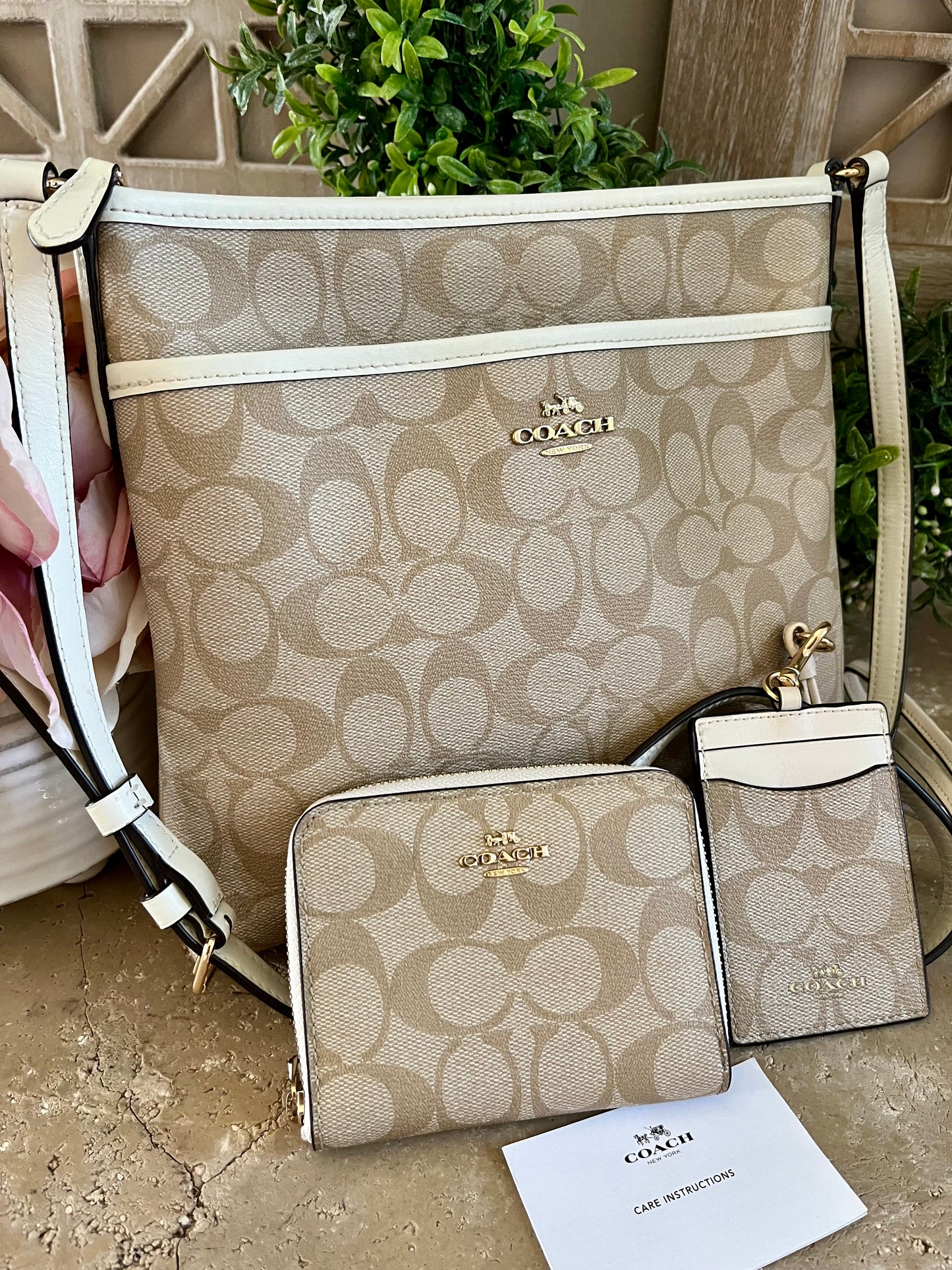 Coach Cream Signature Crossbody with Matching Wallet, Card Holder Set