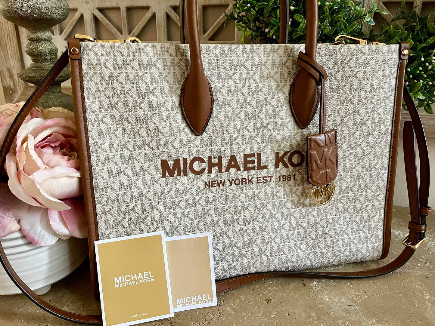 NEW Michael Kors Mirella Vanilla Logo Large Tote with Crossbody Strap