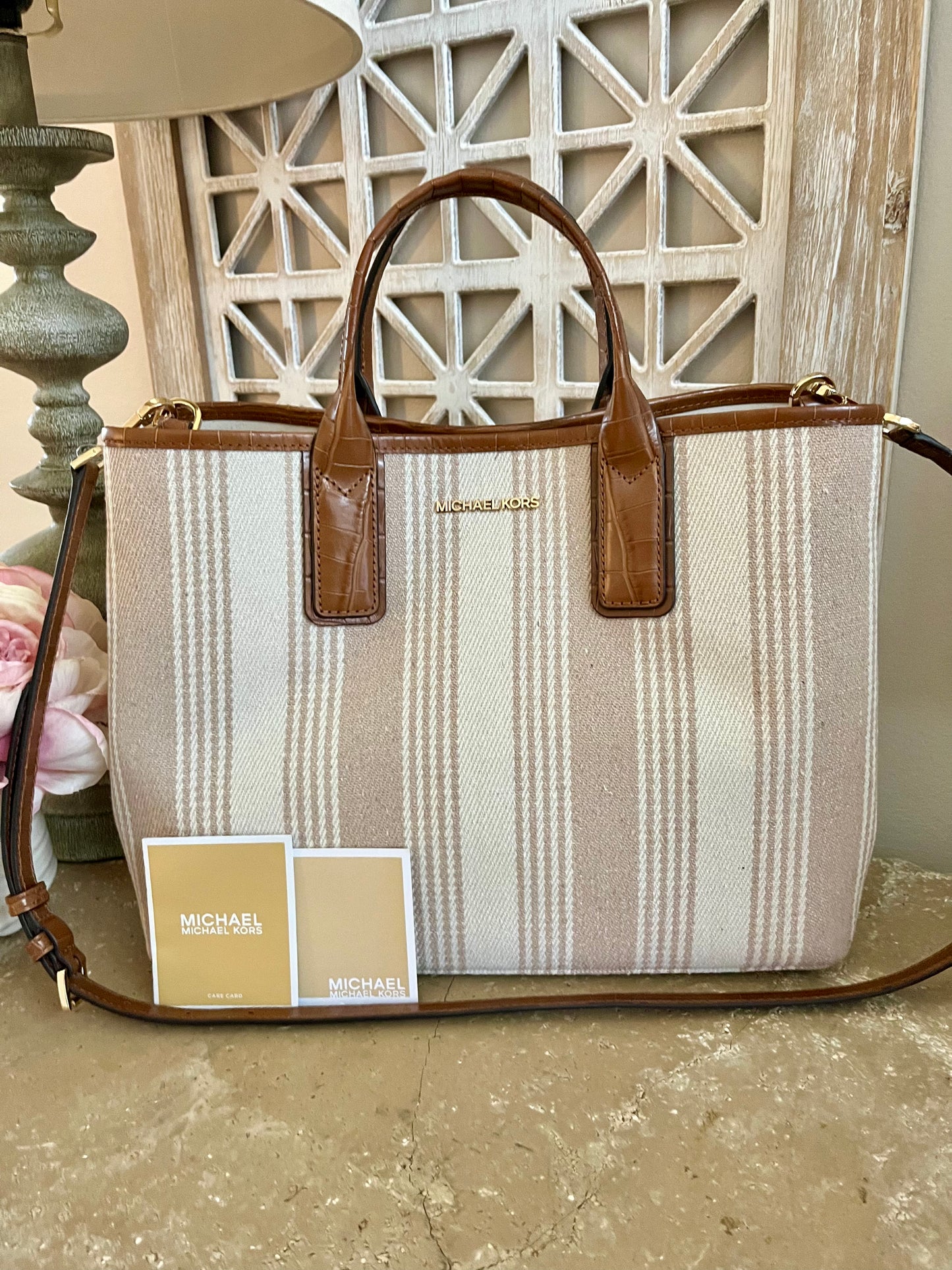 NEW Michael Kors Large Canvas Striped Crossbody Tote