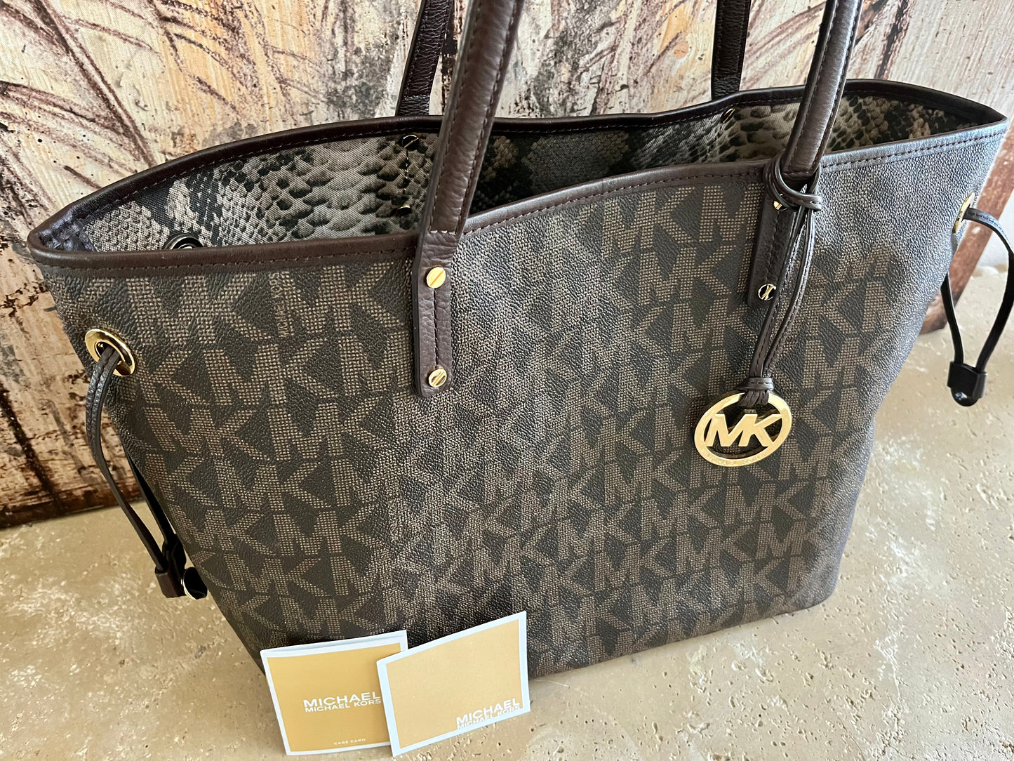 Michael Kors Logo Large Snakeskin Neverfull Tote