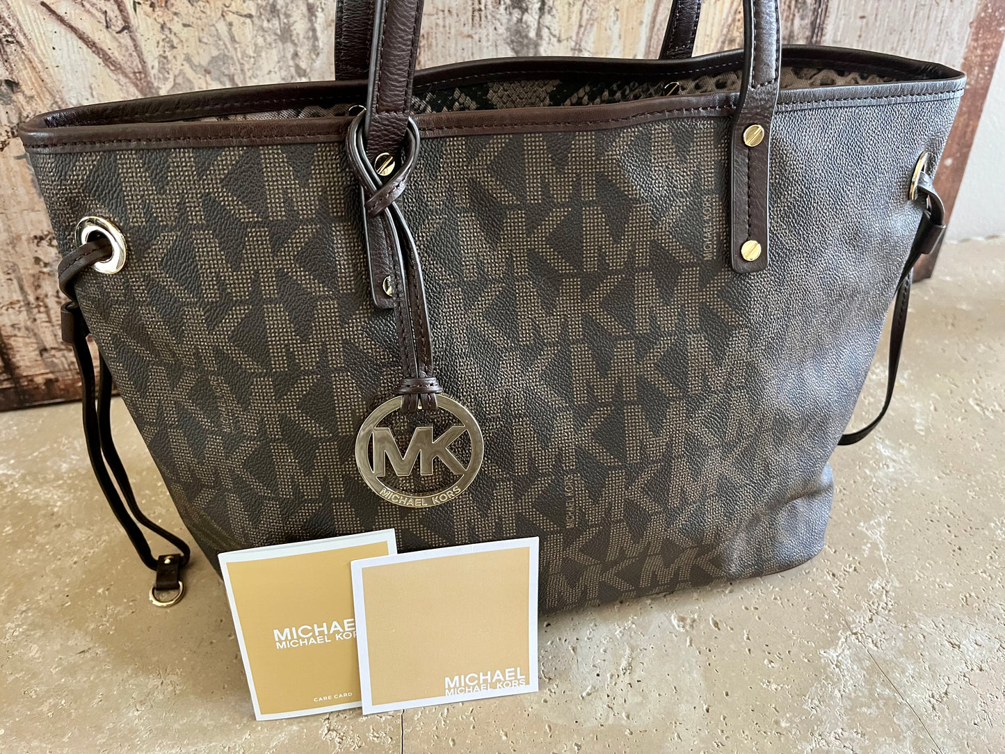 Michael Kors Logo Medium Snakeskin Neverfull Tote